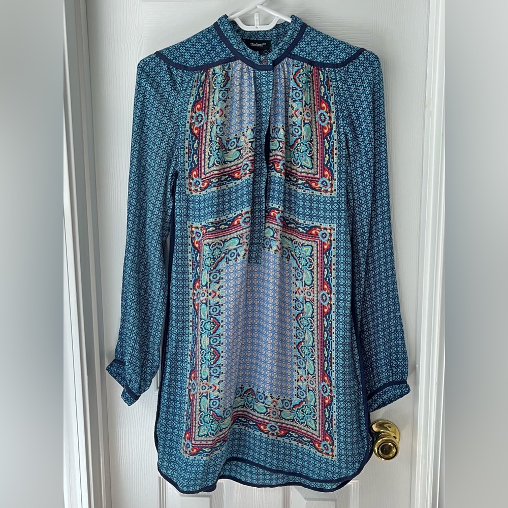 Silk Tolani Ellie Circles Long Sleeve Button Down Tunic Top Blouse Blue Sz S